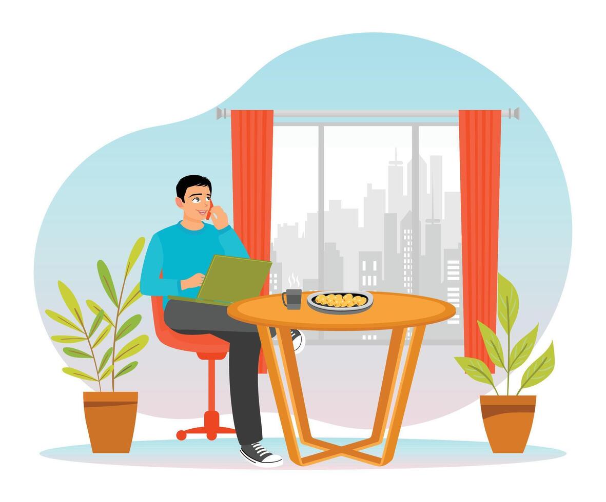 Busy Lunch Time. Busy Man Working at Business Lunch, Talking on the Phone in a Cafe. vector
