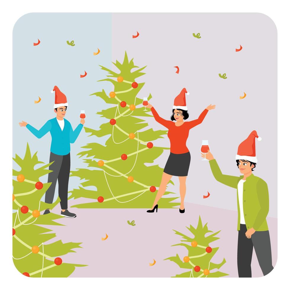 Corporate Party. Festive Christmas Celebration with Friends Singing and Toasting Near Decorated Trees in the Office. vector
