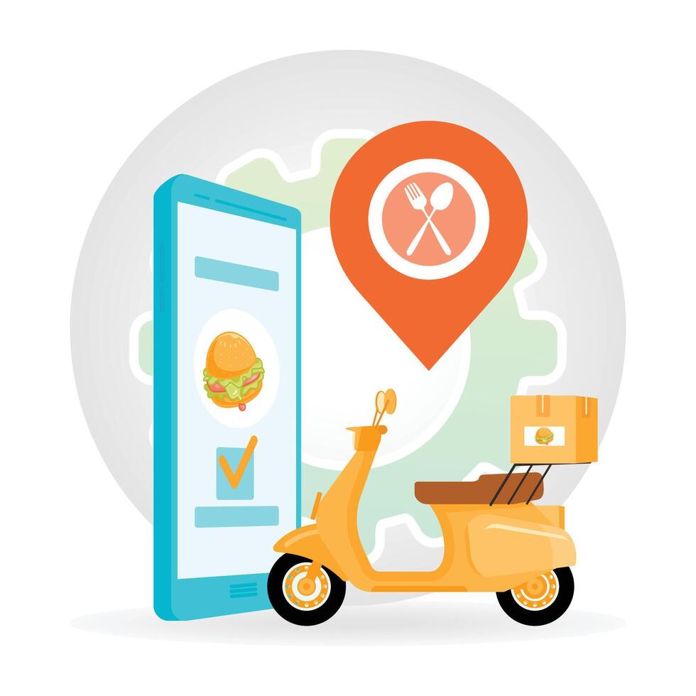 Food Delivery Service. Online Food Delivery Concept With Scooter and Smartphone. vector