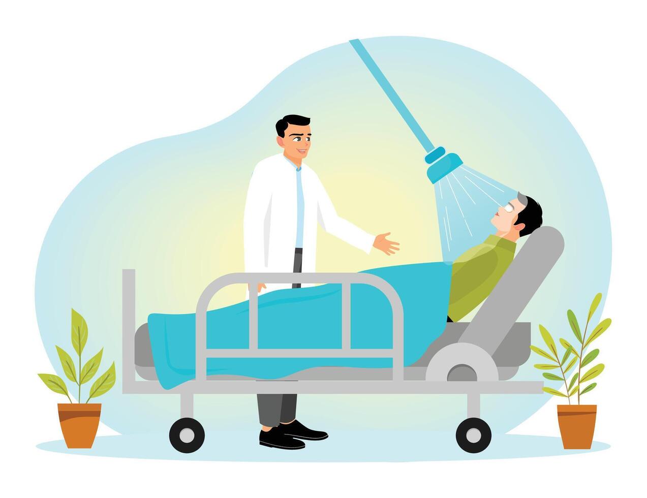 Light Therapy. Doctor Supporting Patient During Health Therapy Session in Medical Facility. vector