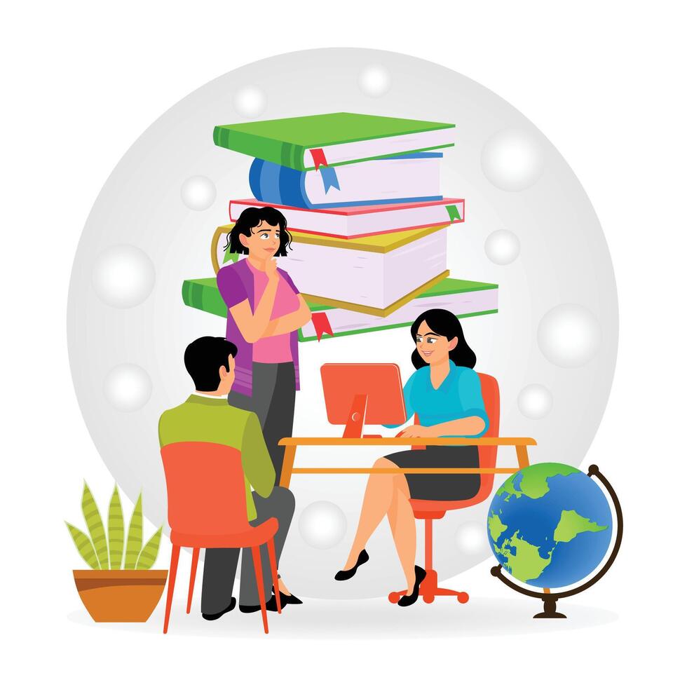 Student Teamwork. Student Collaboration in Educational Discussion with Books and a Globe Icon. vector