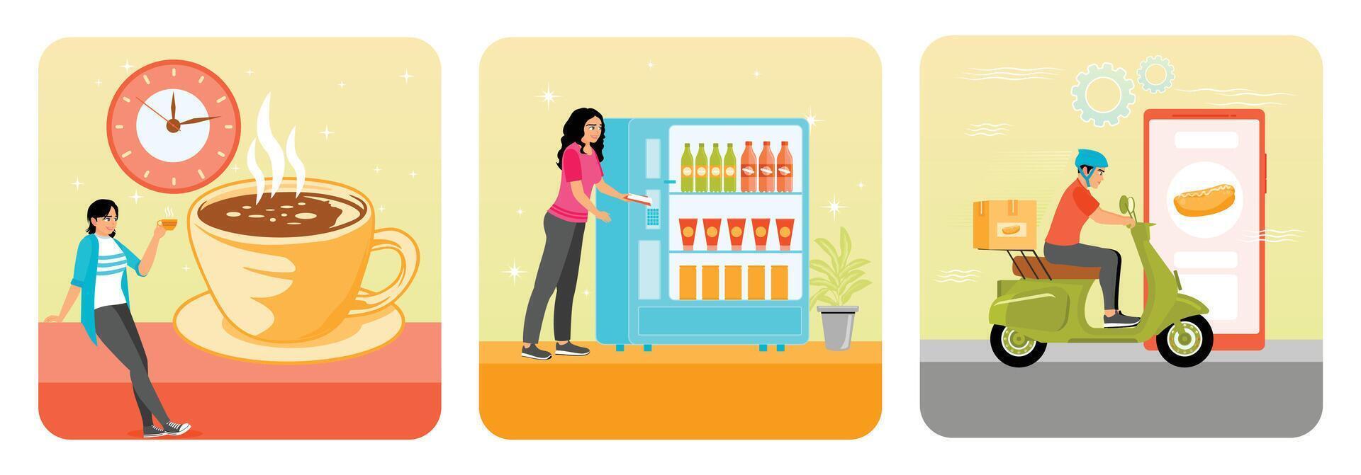 Coffee Break. Vending Machine. Food Delivery Service. vector