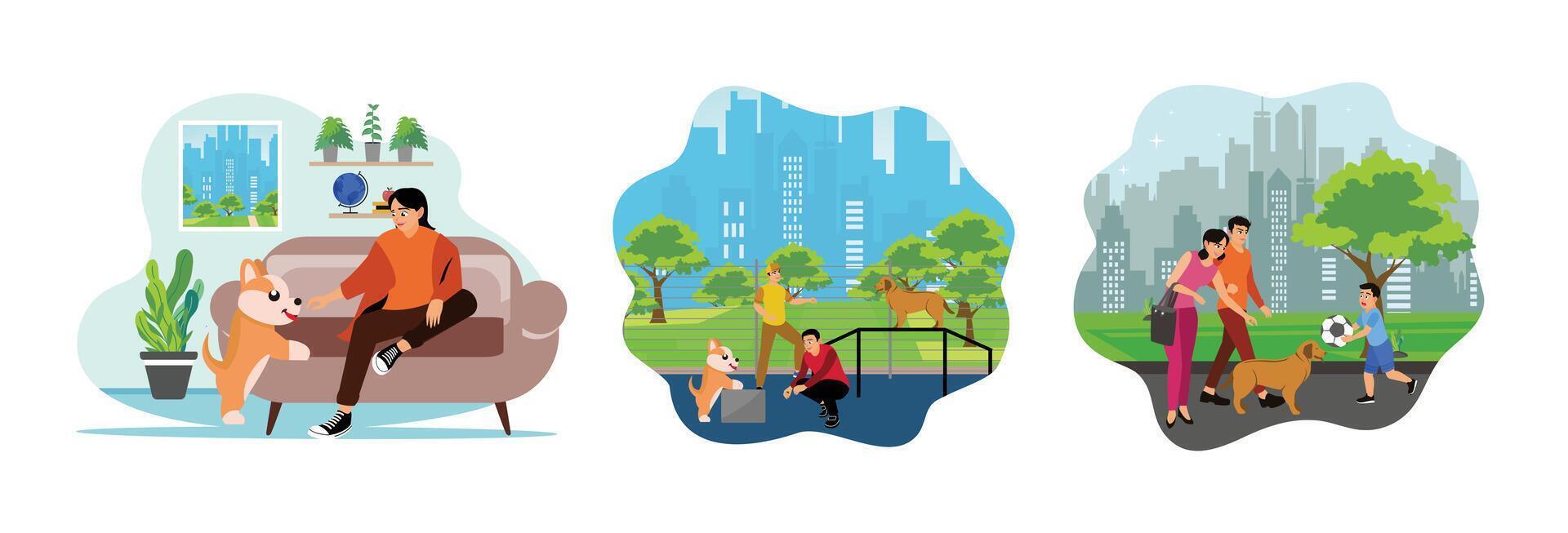 A woman playing with a dog, man training dog, family walking and playing in the park with pet dog. vector