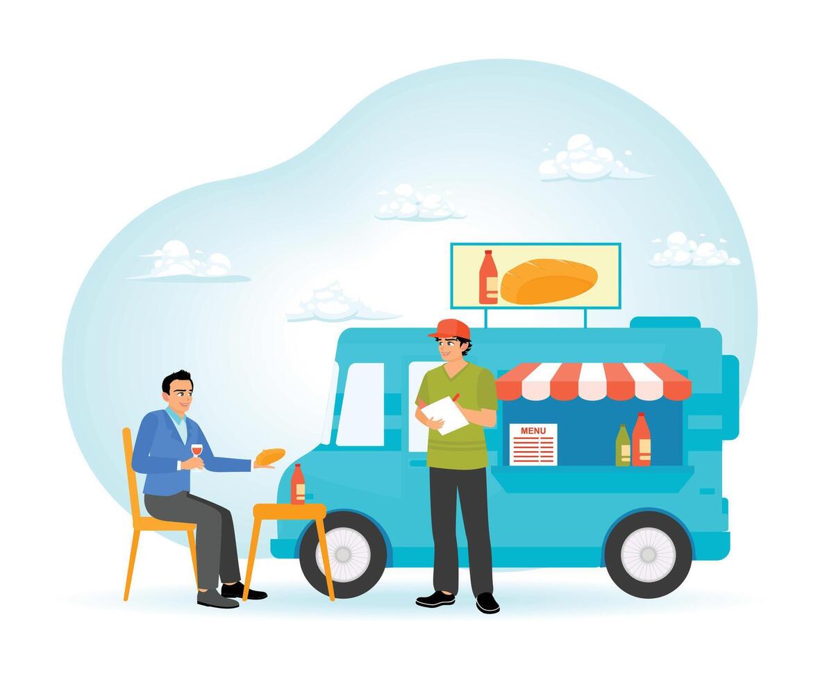 Street Food. Mobile Food Vendors with Trucks Serving Customers With Menu Display and Dining Area. vector