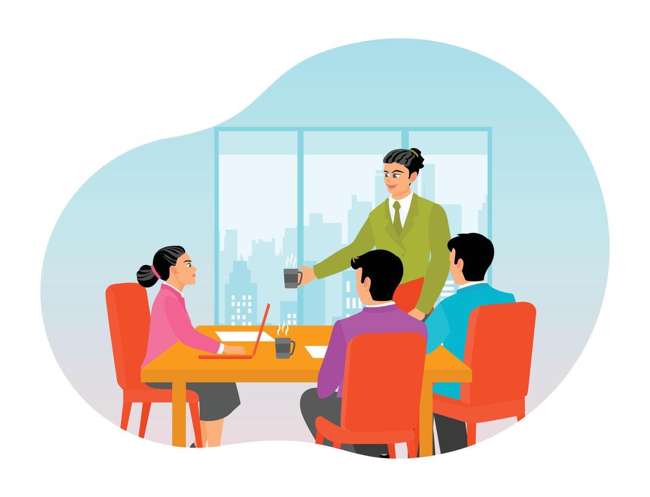 Business Lunch. Employees Meeting in Office Kitchen and Drinking Coffee. vector