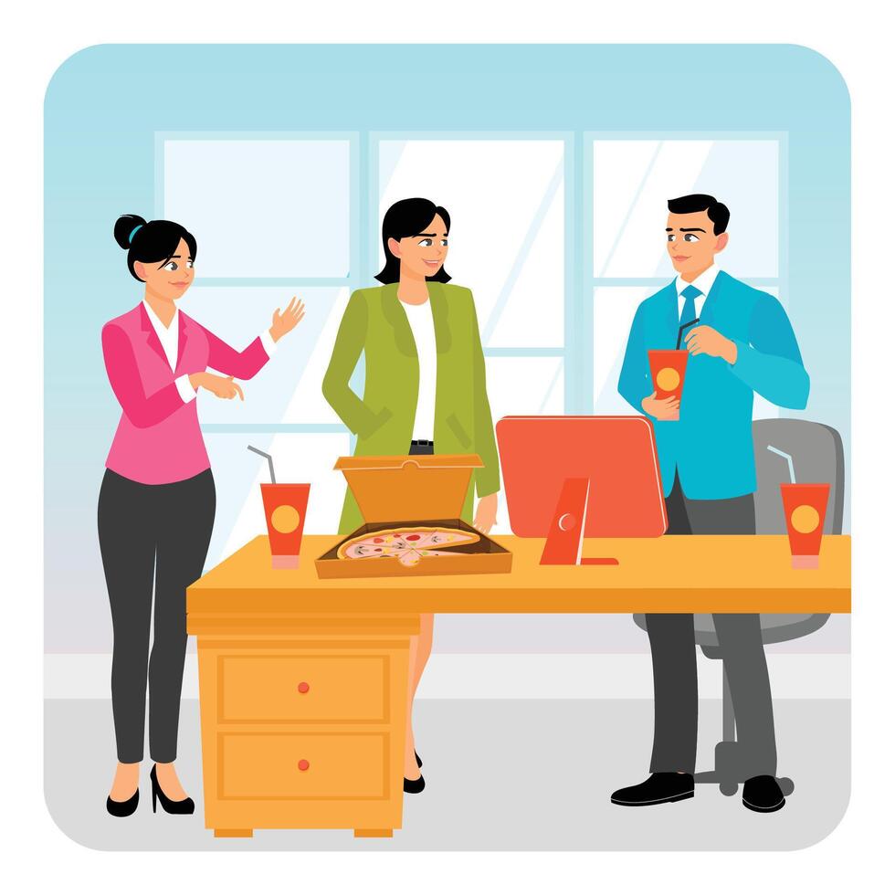 Pizza in the Office. Colleagues Enjoying Pizza and Drinks in an Office. vector