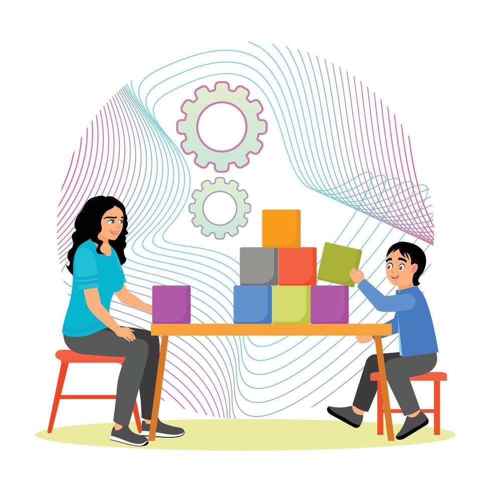 Social-emotional development, Mother and Child Engaged in Playful Learning With Colorful Blocks. vector