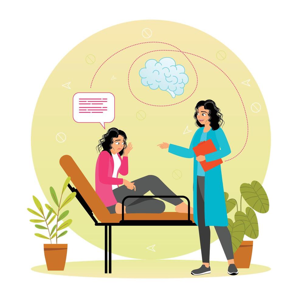 Psychotherapy Concept. Woman Consulting Therapist in Office with Mental Health Illustration. vector