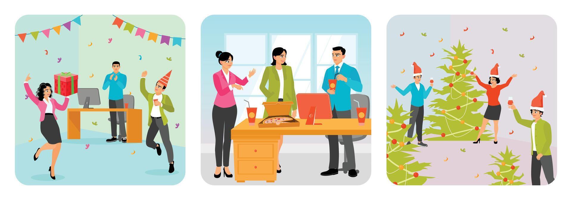 Birthday Office Party. Pizza in the Office. Corporate Party. vector