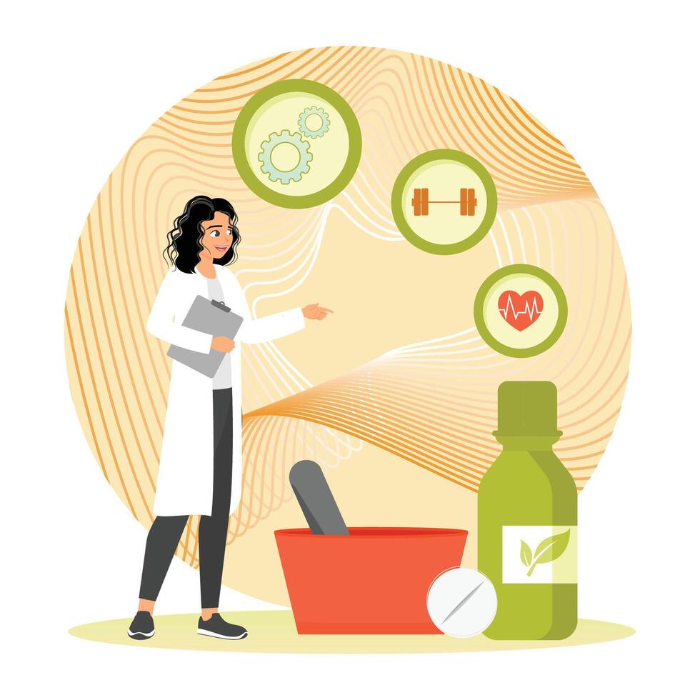 Holistic Medicine. Professional Nutritionist Presenting Holistic Health and Natural Products. vector