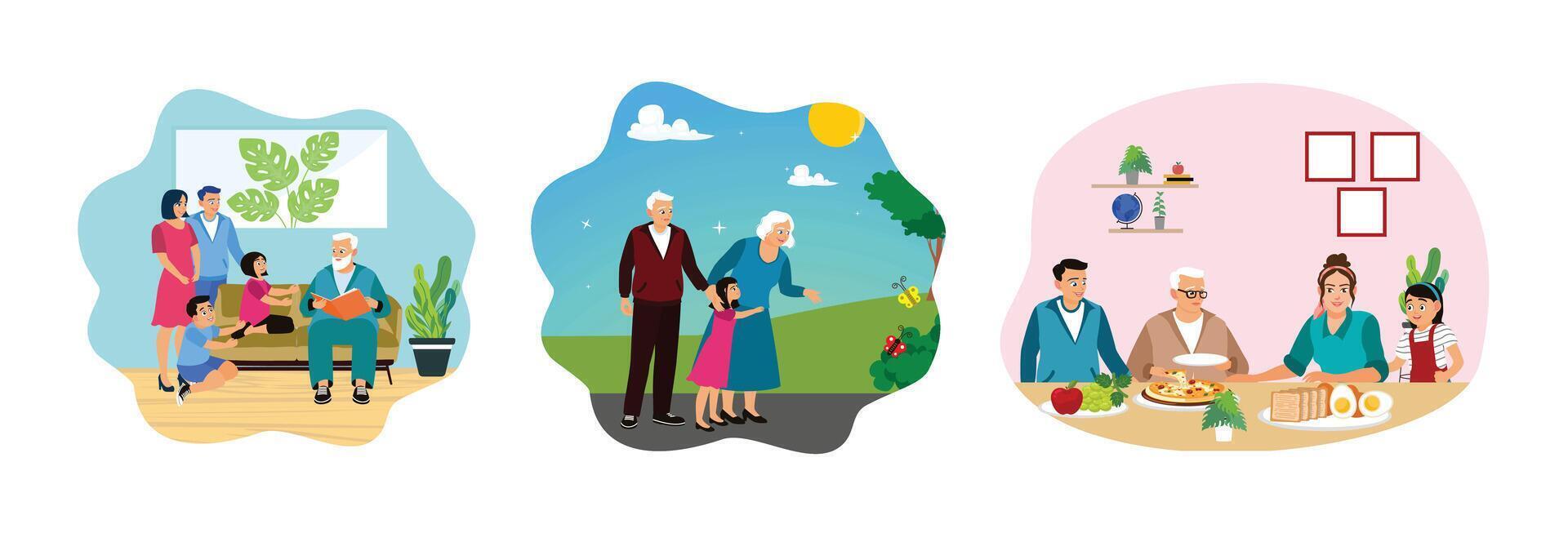 Grandparents spend time with grandchildren and young parents, taking walks and eating together. vector