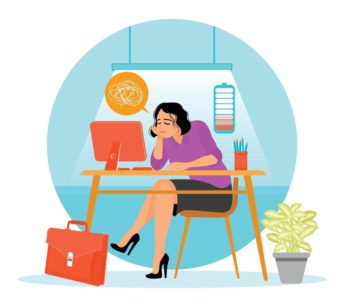 Emotional Burnout. Tired Businesswoman Working at Desk in Office with Stress Symbol. vector