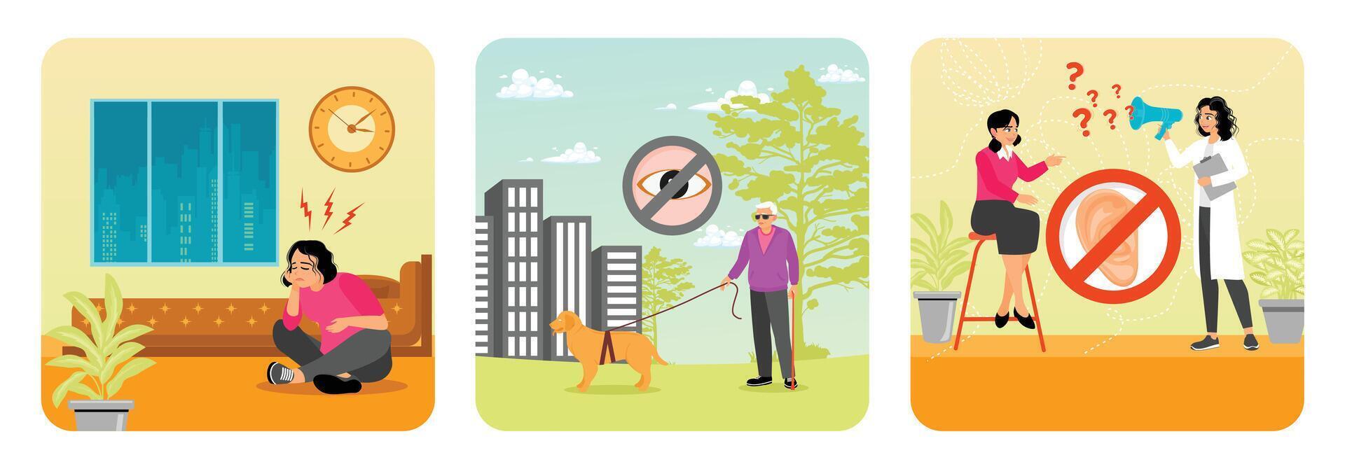 Sleep Behavior Disorder, Blindness and Vision Loss, Deafness and Hearing Problem. vector