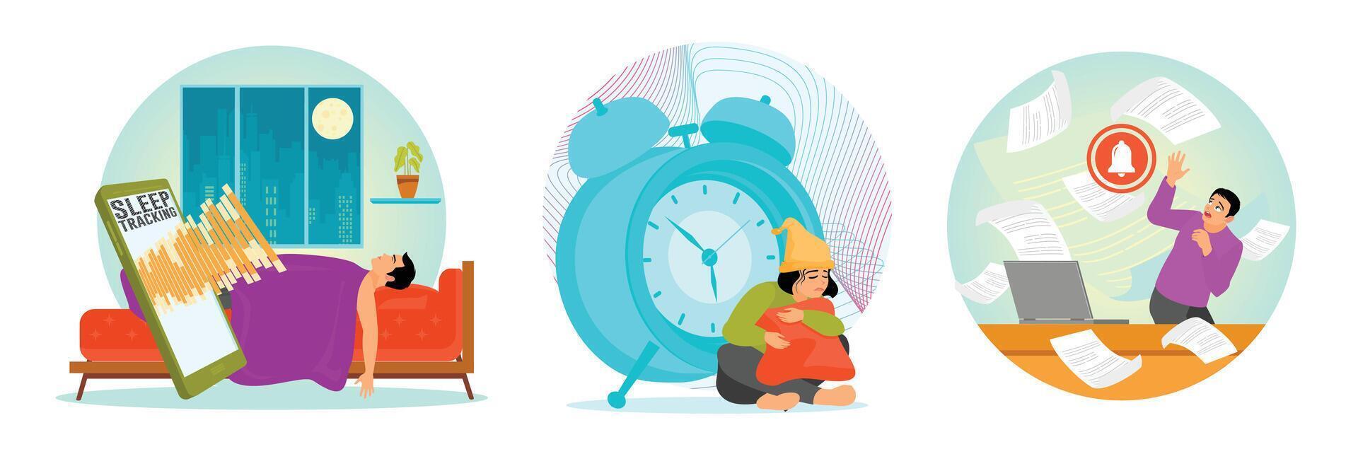 Sleep Tracking, Sleep Deprivation, Work Pressure. Stress management concept. vector