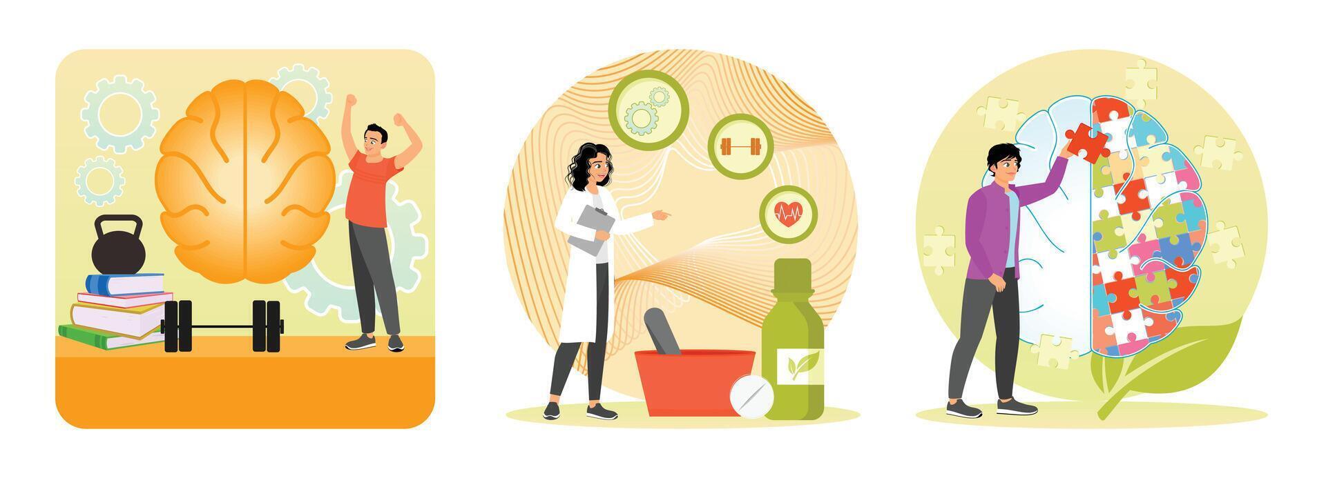Mind Fitness, Holistic Medicine, Mindfulness. Mental and physical health treatment concept. vector