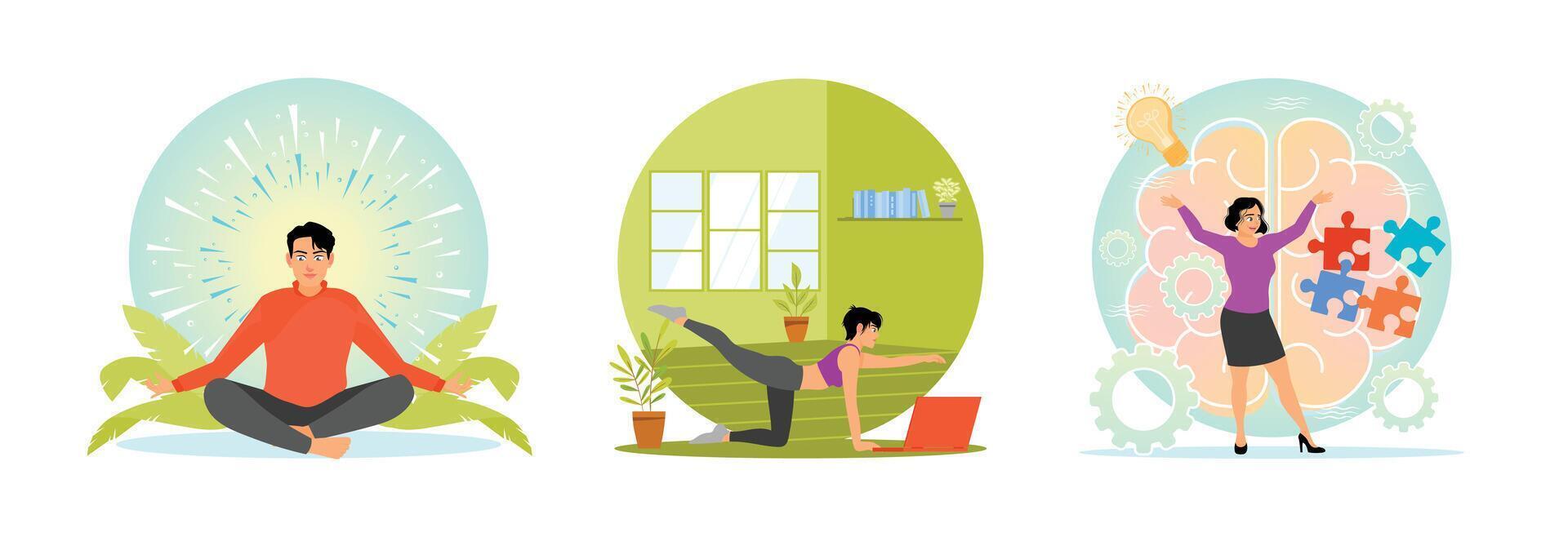Mental health concept. Mindfulness, Home Yoga, Mind Fitness. vector