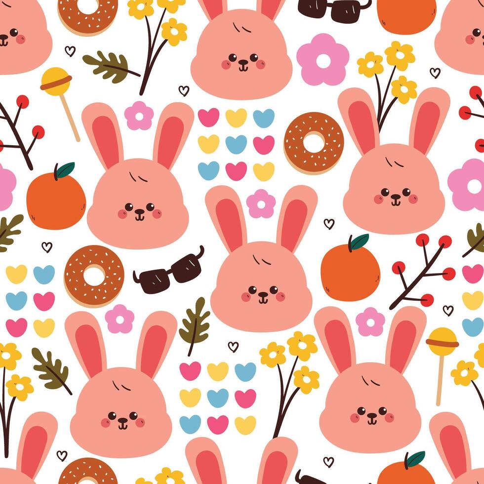 seamless pattern cute cartoon bunny with dessert, plant and hearts. cute animal pattern for fabric print vector