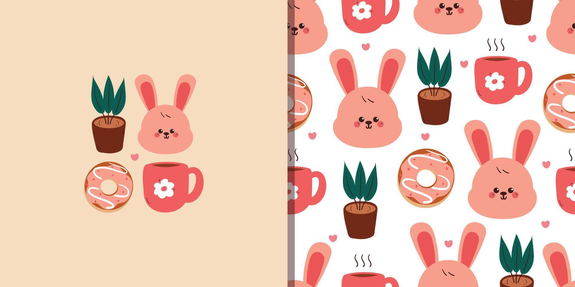 Cute bunnies with snacks and plants vector