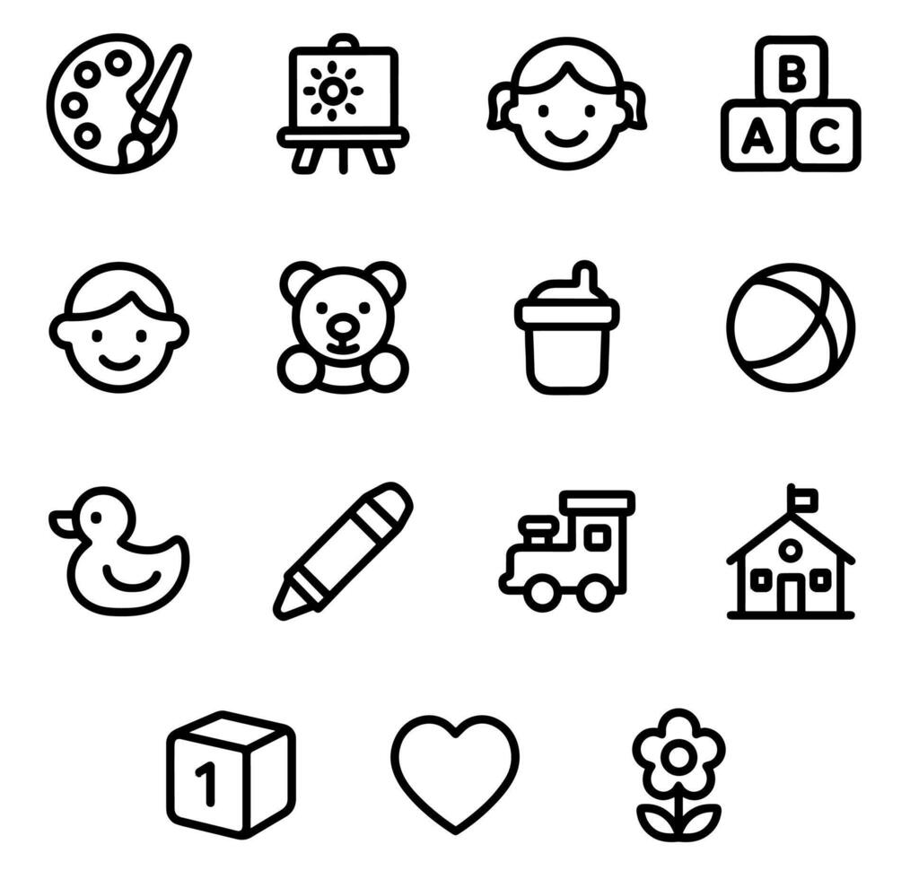 Simple Line Art Style Children Education Icon Set vector