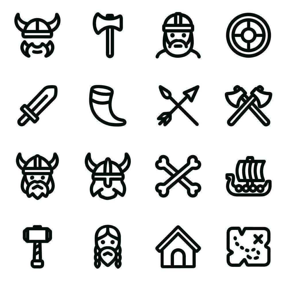 Outline Nordic Viking Elements Historic Norse Icon Set vector