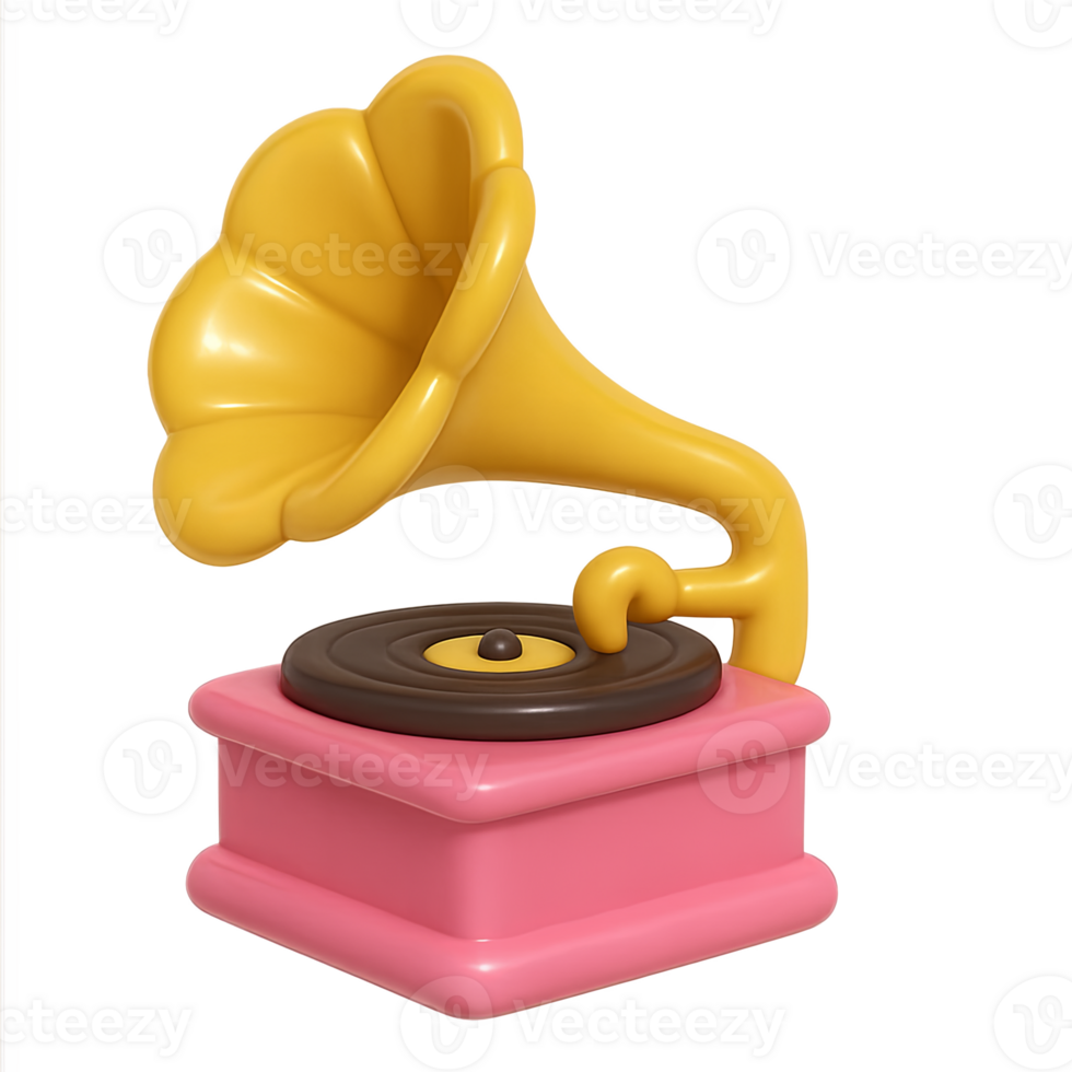 Retro gramophone with yellow horn and pink base, isolated on transparent background png