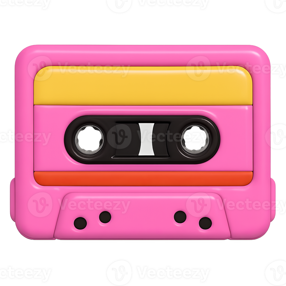 Retro pink cassette tape with a vibrant design, isolated on transparent background png