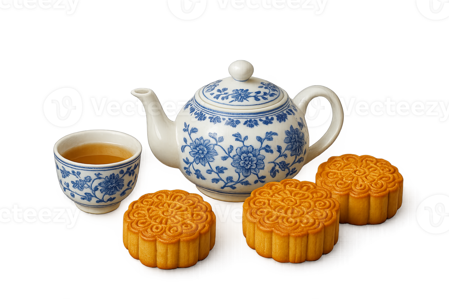 Mid autumn festival tea set with mooncakes, isolated on transparent background png