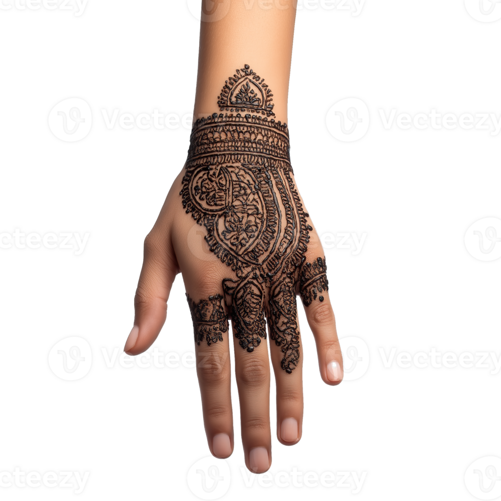 Henna Design on Hand. Isolated on Transparent Background for Cultural Art, Bridal Beauty, Traditional Body Decoration, and Festival Celebration Concepts png