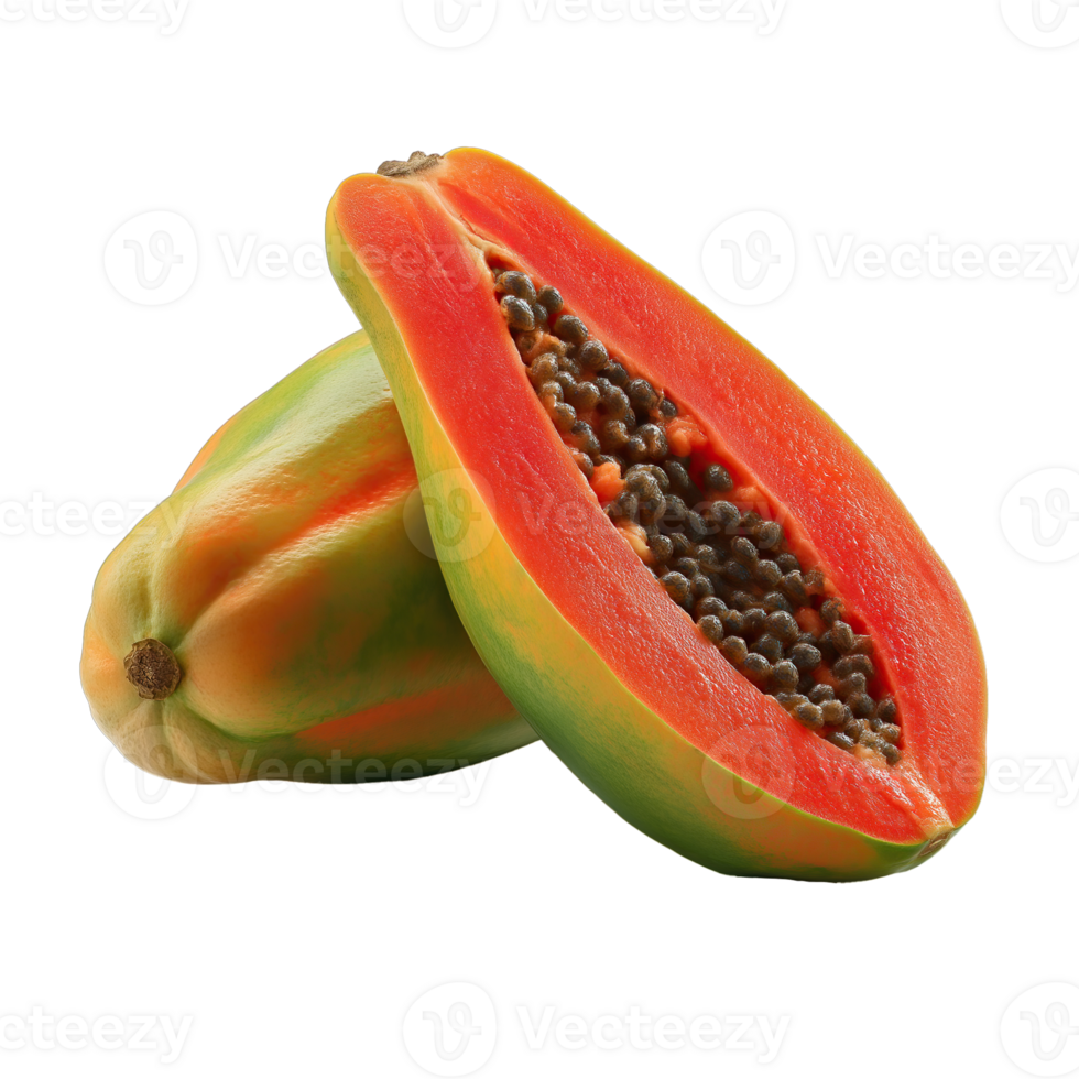 Whole and Sliced Papaya Fruit. Transparent Background for Exotic Tropical Food, Juice Branding, Vegan Recipes, and Healthy Lifestyle Promotions png