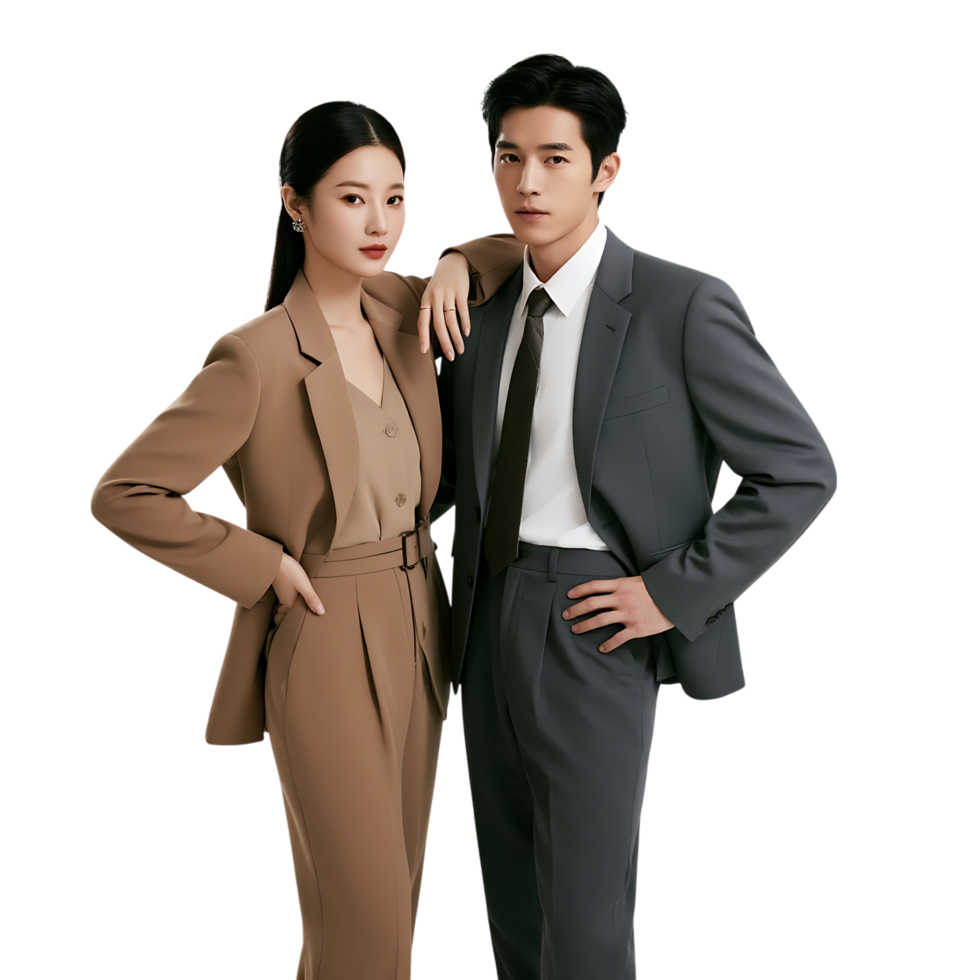 Two asian business professionals posing confidently in suits, representing teamwork and corporate success in the workplace. png