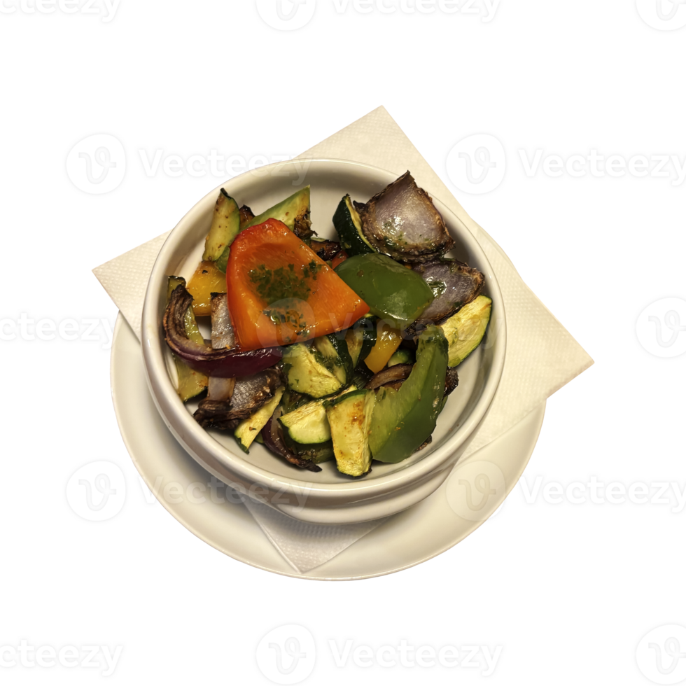 Grilled vegetables in white bowl and plate, healthy organic side dish full of vitamins, restaurant serving vegetables, isolated object cut out with clipping path, soft selective focus png