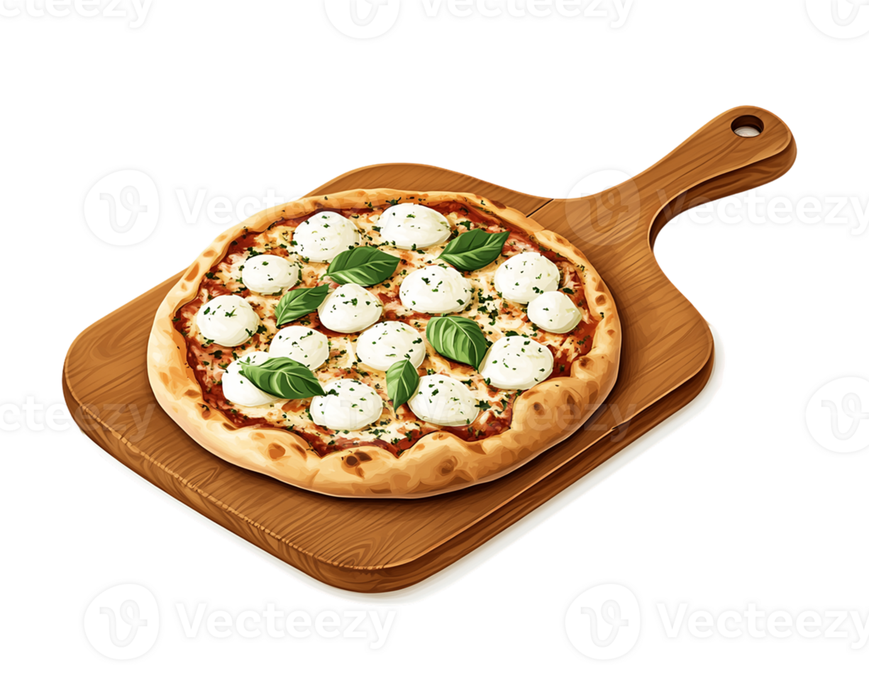 Fresh Mozzarella Pizza on Rustic Wooden Board png