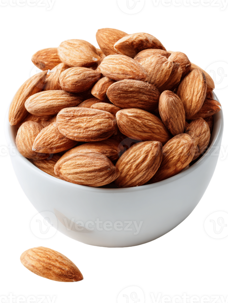 Light Brown Almonds in White Bowl on Transparent Background png
