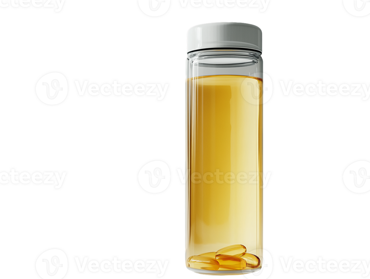 Glass Bottle with Yellow Liquid and Capsules on Transparent Background png