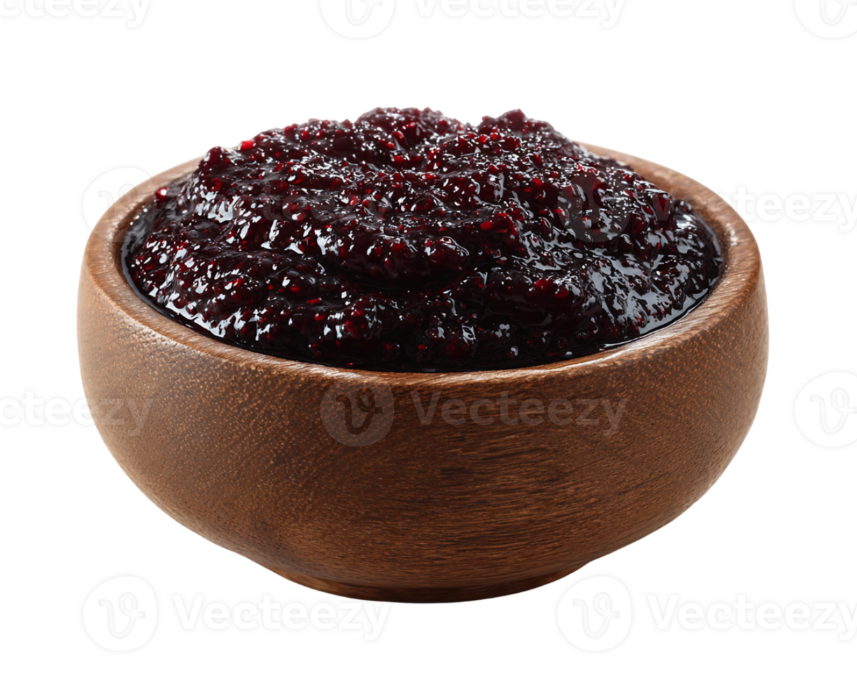 Dark Red Berry Preserve in Wooden Bowl png