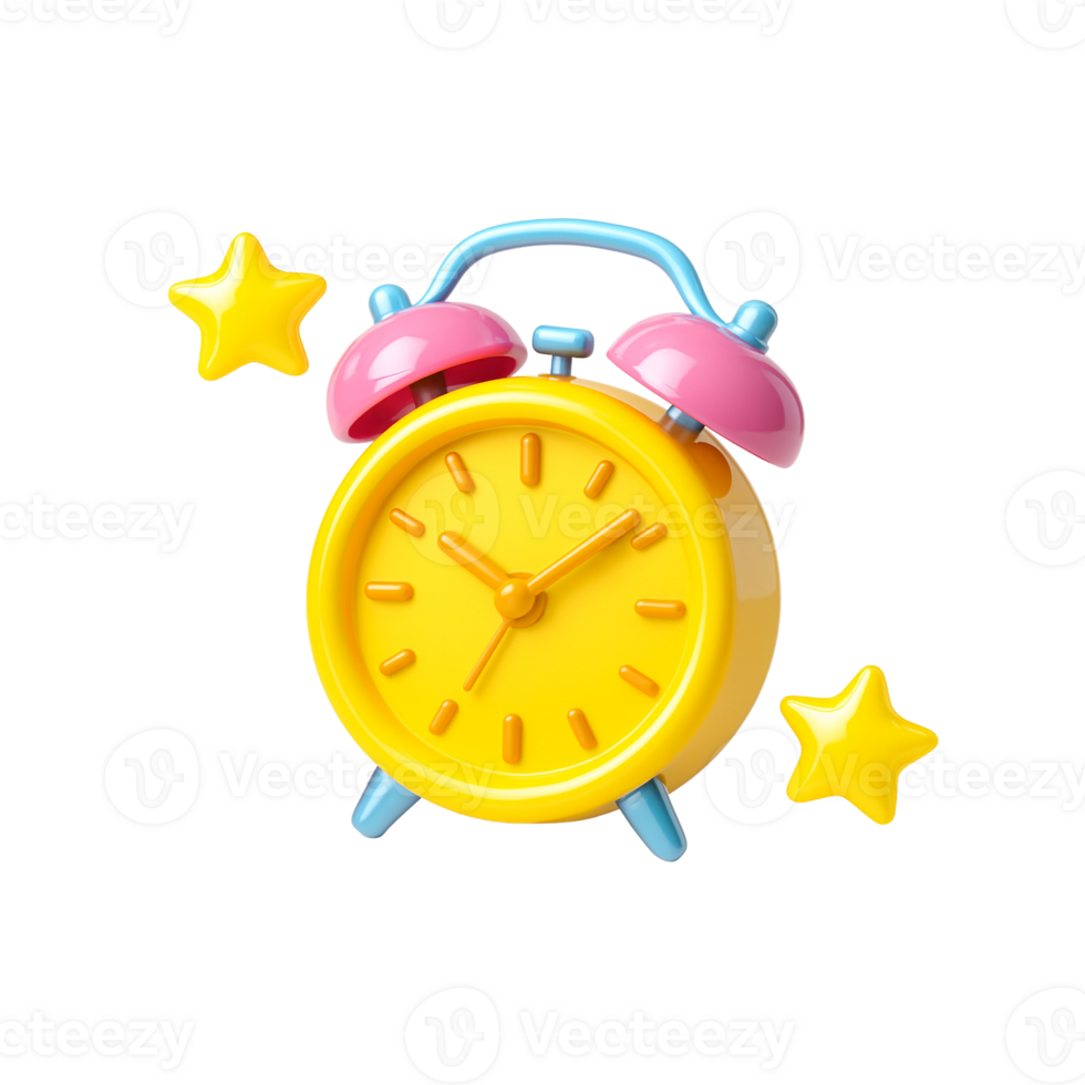 Playful 3D alarm clock in yellow with translucent stars and shiny pastel details png