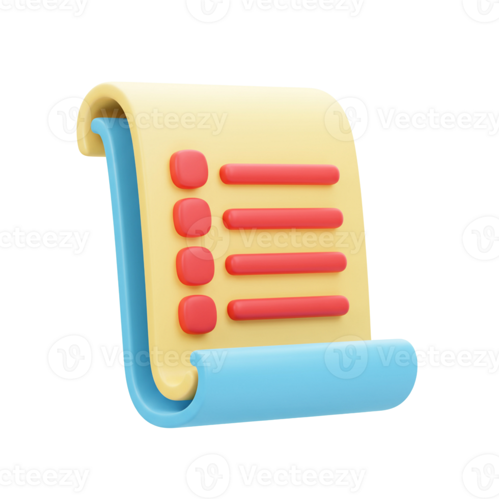 Playful 3D yellow scroll with red checklist lines and blue backing png