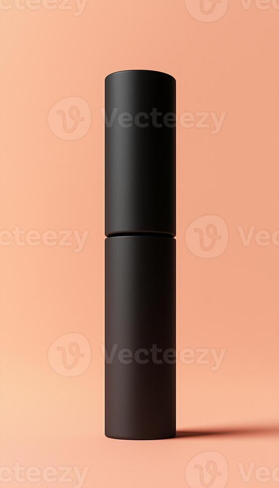 Blank black matte tube container skincare or perfum spray for men, vertical story peach background photo