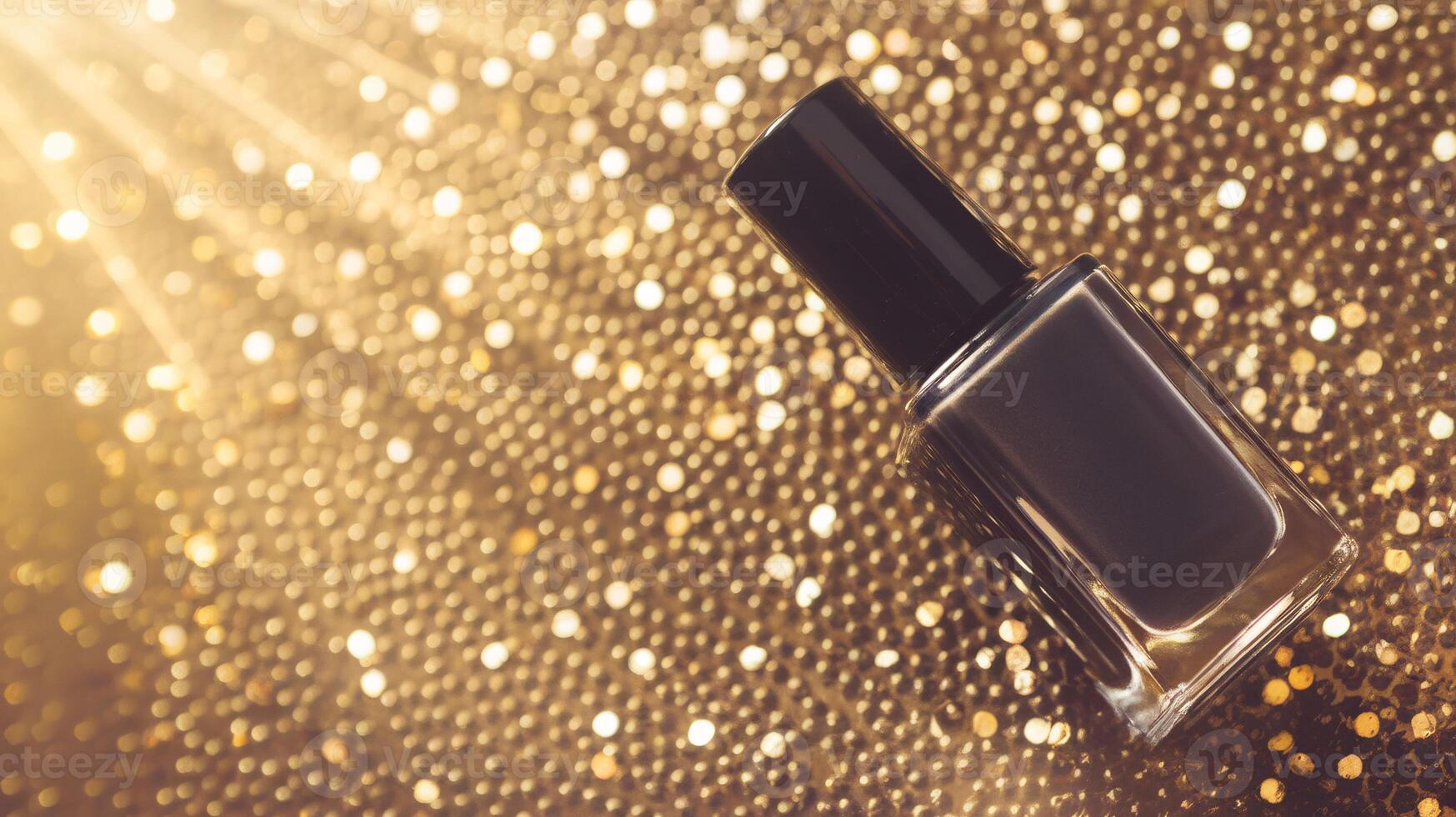A sleek black nail polish bottle on a shimmering golden background. photo