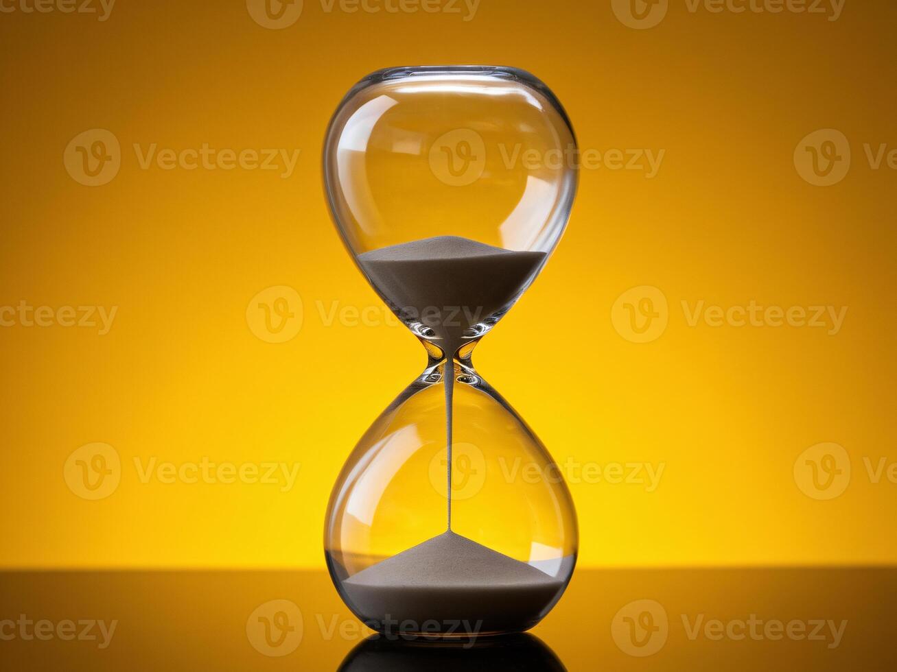 Elegant hourglass with flowing sand, set against a vibrant yellow background, symbolizing time. photo