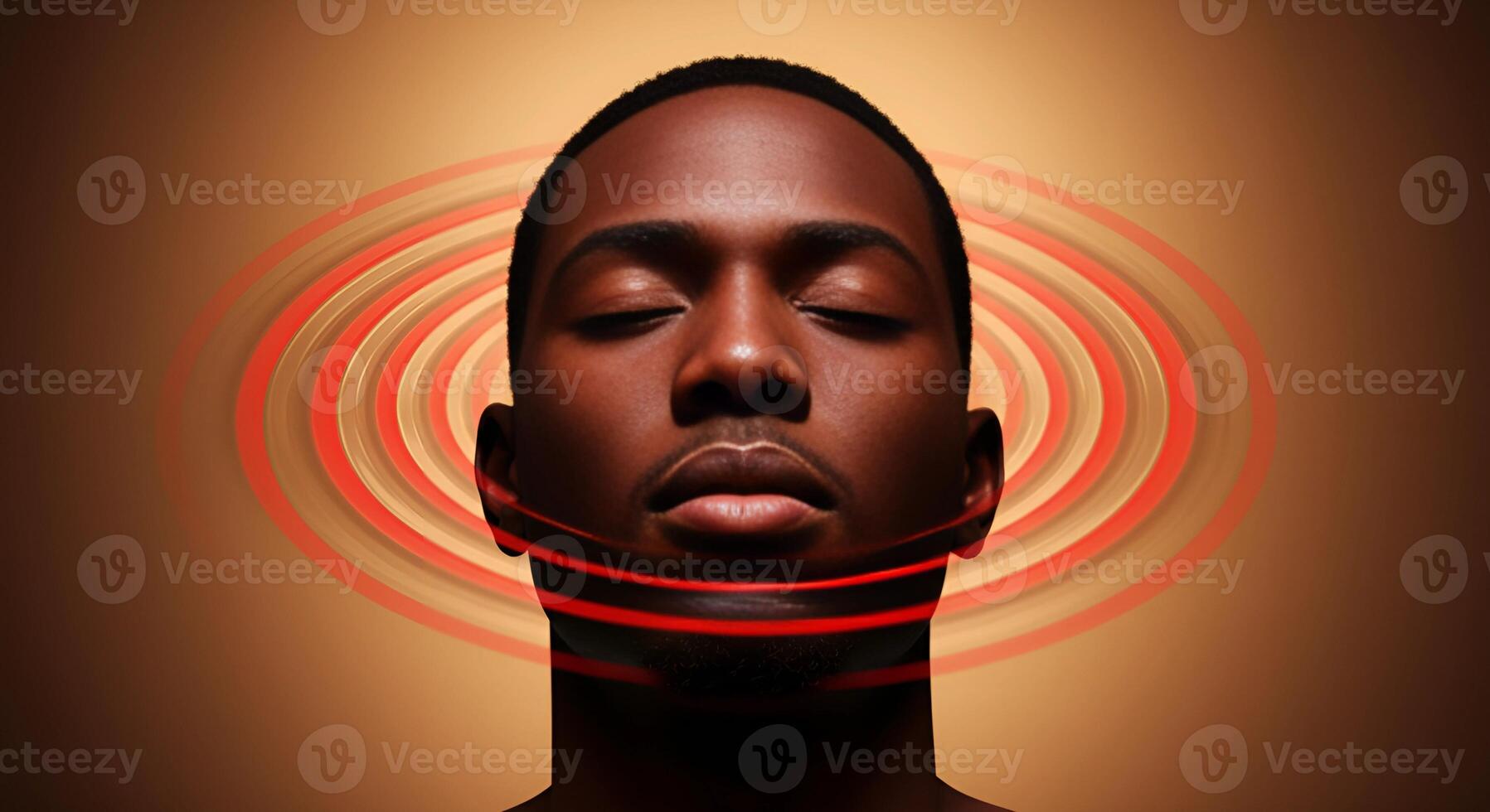 Contemplative Portrait with Abstract Red Concentric Circles. photo