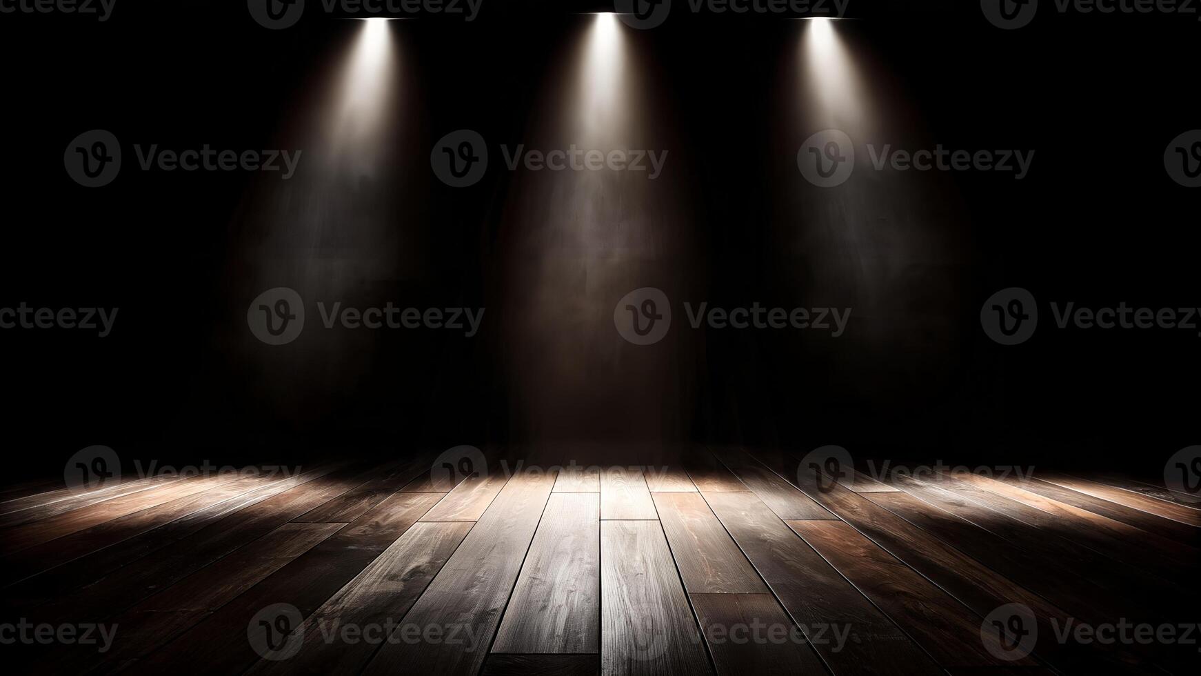 Dark studio features three spotlights illuminating an aged wooden floor against a stark black background for a dramatic effect. photo