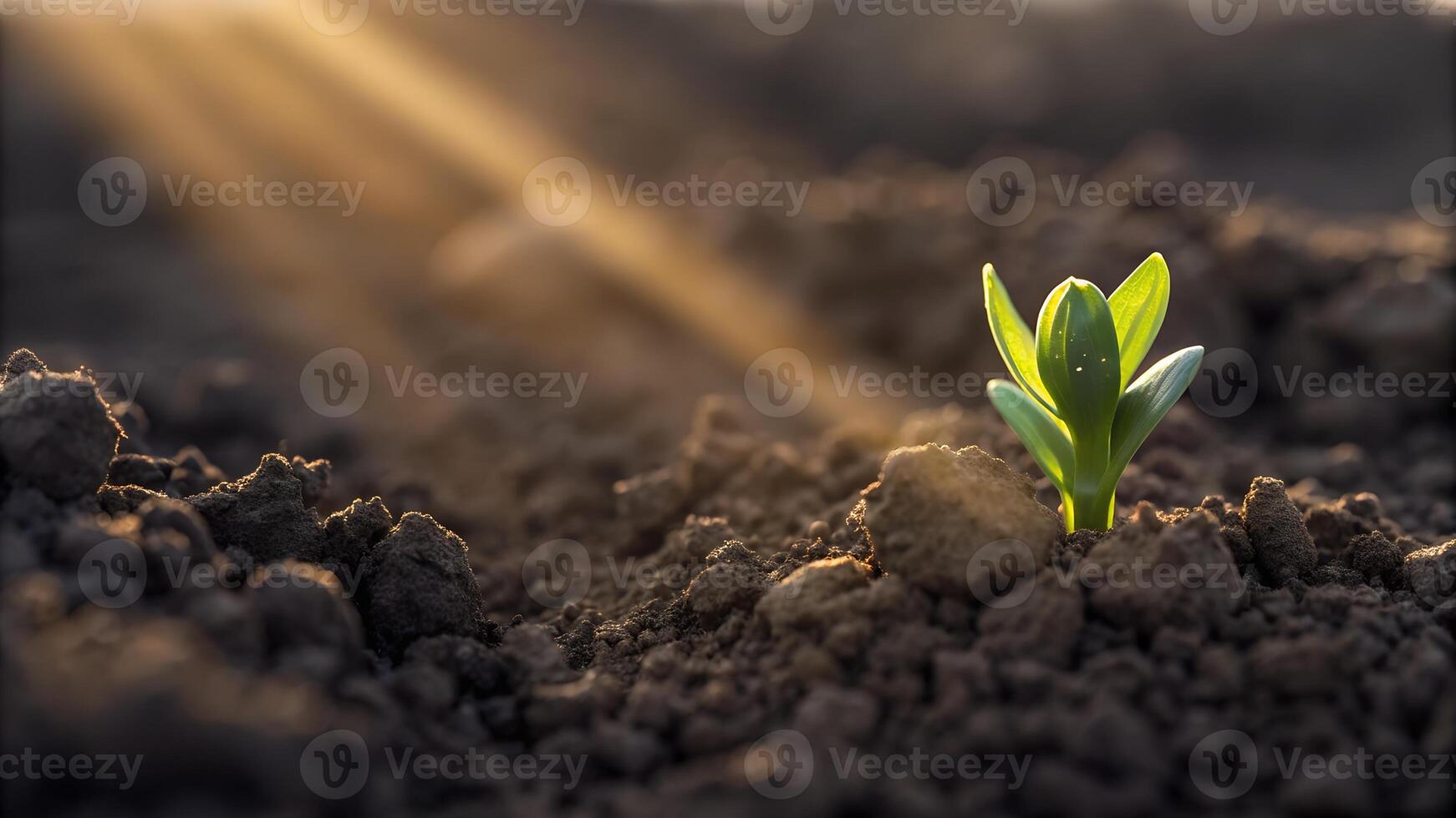 Springtime sees a tiny plant sprout from rich soil. photo