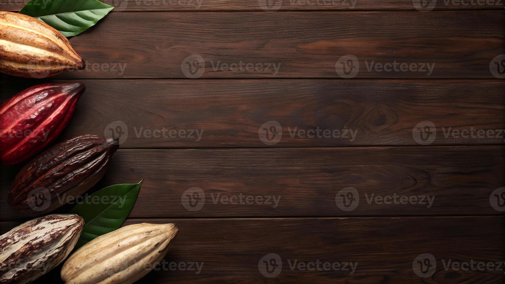 Fresh cacao pods with leaves on a rustic wooden table represent raw ingredients for chocolate production photo