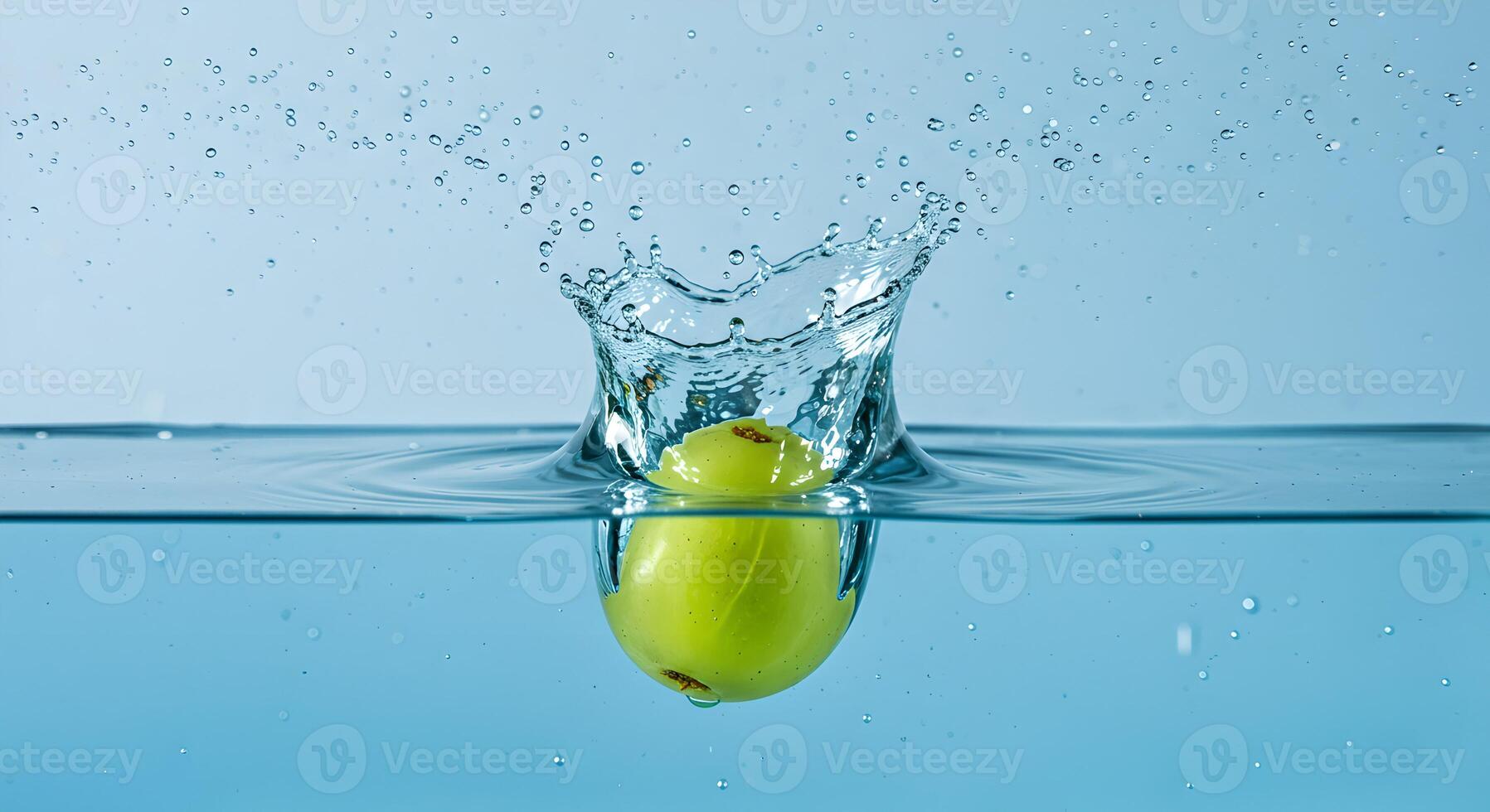 Green grape bursts in water splash, frozen mid-air, ultra-refreshing clarity. photo