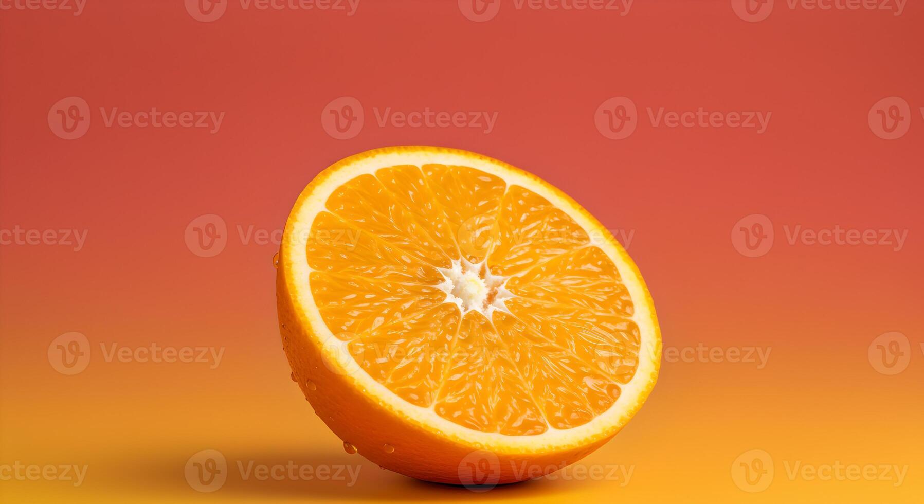 Artistic orange slice close-up, glowing flesh, droplets, coral-yellow gradient background. photo