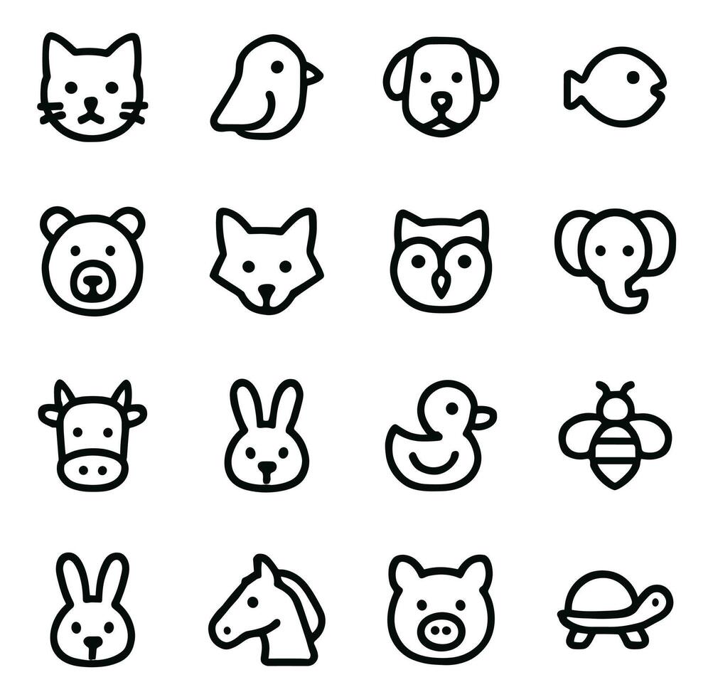 Outline Minimalist Animals Head Cute Simple Style Icon Set vector