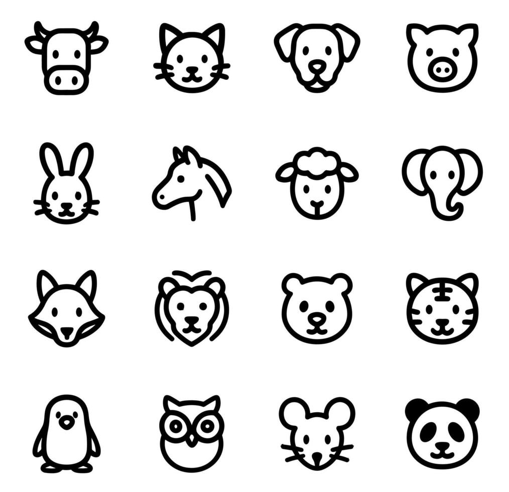 Simple Outlined Black Animal Face Icon Collection vector