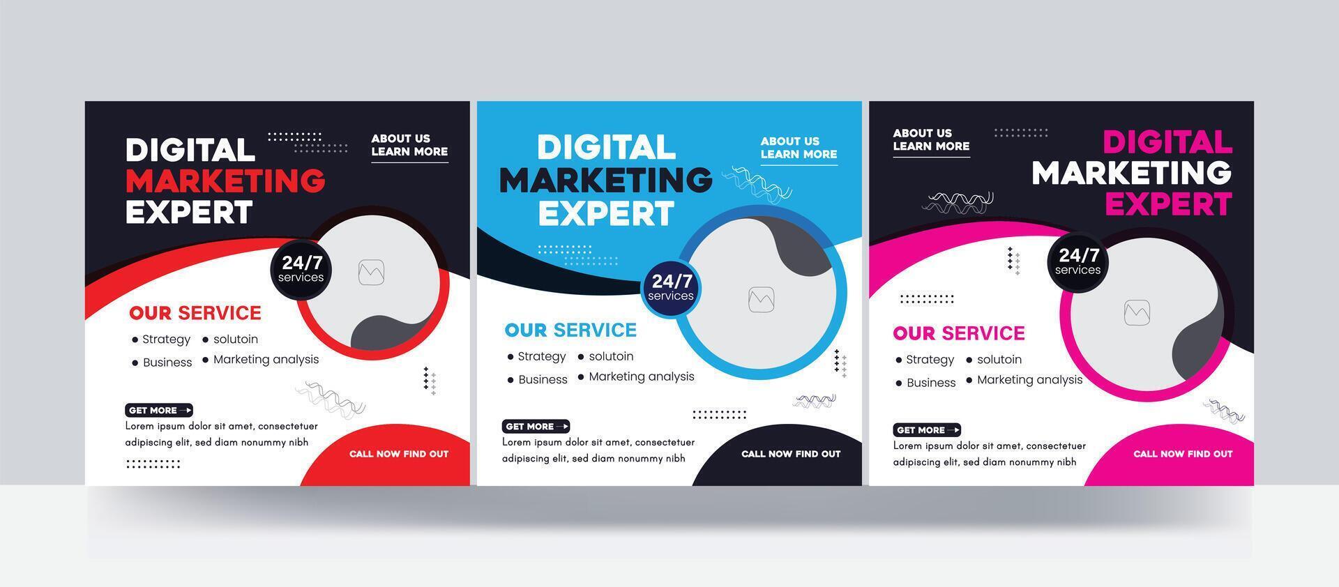 Digital marketing expert agency business promotion or square web banner social media post bundle template vector