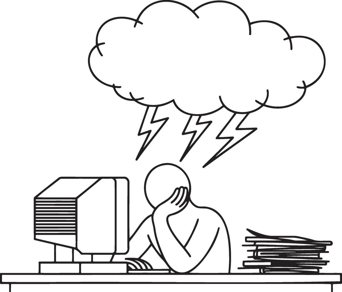 A man is sitting at a desk with a cloud above him vector